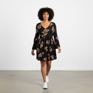 AMERICAN RAG Women's 3X Black Textured Floral Mini 3/4 Sleeves Lined Tie Dress